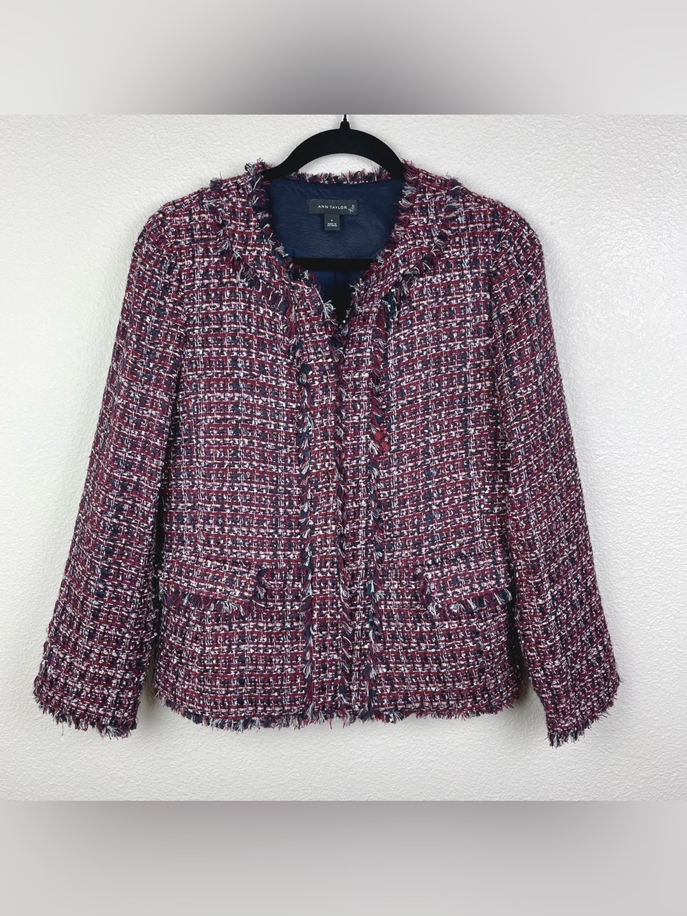 Ann Taylor Women's 4 Tweed Collarless Blazer Navy Red Hook Front Office Career